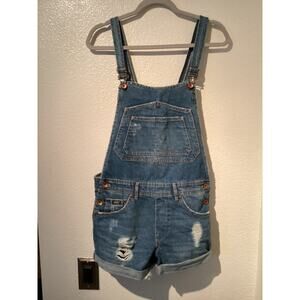 SUPER DRY DENIM VINTAGE women short overall bib S blue denim distressed cuffed